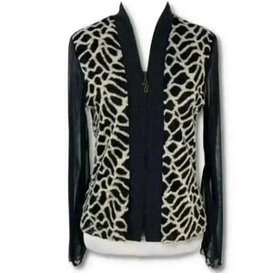 Vtg Selene blazer size M black cream animal print zip v-neck career 80s 90s